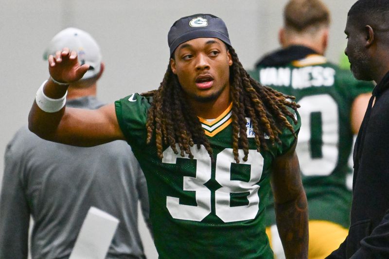 Jun 11, 2025; Green Bay, WI, USA; Green Bay Packers corner back Gregory Junior (38) participates in the team's minicamp at Ray Nitschke Field. Mandatory Credit: Benny Sieu-Imagn Images
