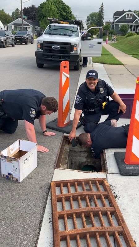 South Milwaukee Police rescued a family of ducklings from a sewer on June 30. Here Officer James Rodman and others try and retrieve the ducks.