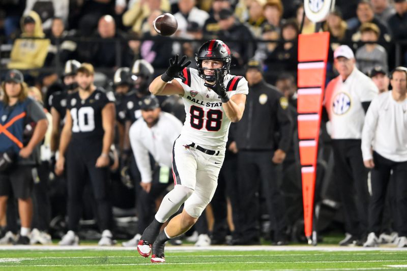 Oct 19, 2024; Nashville, Tennessee, USA; Ball State Cardinals tight end Tanner Koziol (88) makes a catch against the Vanderbilt Commodores during the second half at FirstBank Stadium. Mandatory Credit: Steve Roberts-Imagn Images