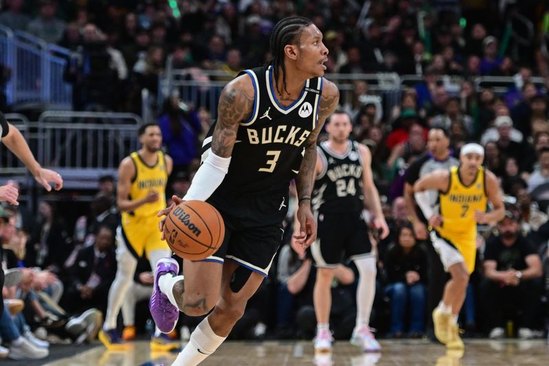 Apr 27, 2025; Milwaukee, Wisconsin, USA; Milwaukee Bucks guard Kevin Porter (3) looks for a shot in the fourth quarteragainst the Indiana Pacers during game four of first round for the 2024 NBA Playoffs at Fiserv Forum. Mandatory Credit: Benny Sieu-Imagn Images