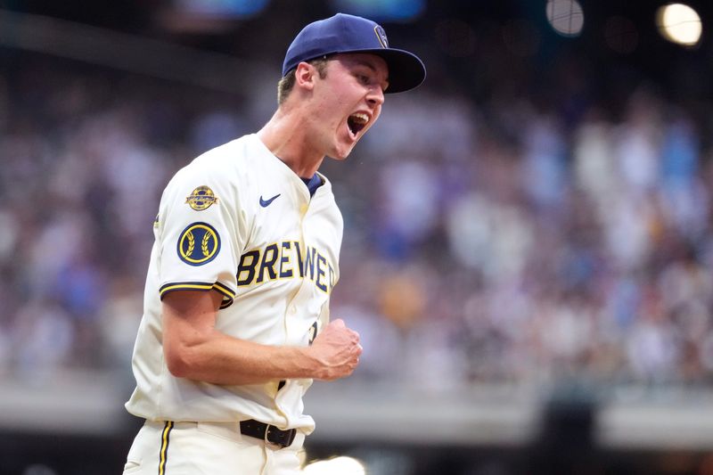 Brewers pitcher Jacob Misiorowski reacts after getting out of a jam unscathed during sixth inning against the Dodgers on June 8 at American Family Field.