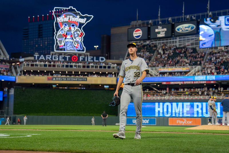 Jun 20, 2025; Minneapolis, Minnesota, USA; Milwaukee Brewers starting pitcher Jacob Misiorowski (32) walks off the field after getting pulled during the seventh inning against the Minnesota Twins at Target Field. Mandatory Credit: Jesse Johnson-Imagn Images