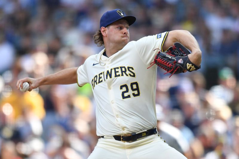 Milwaukee Brewers pitcher Trevor Megill (29) pitches during the tenth inning against the Los Angeles Dodgers at American Family Field on July 9.