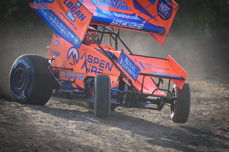 Giovanni Scelzi (18) lifts a wheel off the ground in qualifying at the World of Outlaws Larry Hillerud Memorial Badger 40 on Saturday, July 12, 2025, at Wilmot Raceway in Wilmot, Wisconsin.