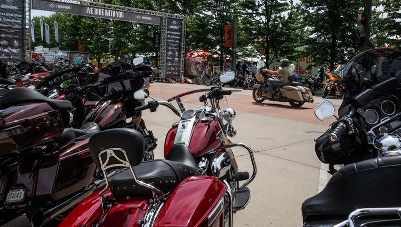 Motorcyclist ride up to the Harley-Davidson Homecoming festival at the Harley-Davidson Museum on July 10, 2025.