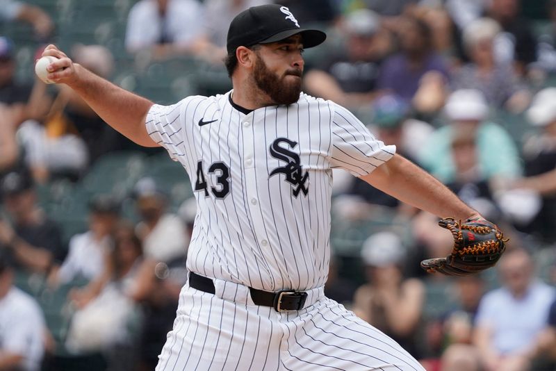 Jul 13, 2025; Chicago, Illinois, USA; Chicago White Sox pitcher Aaron Civale (43) throws the ball against the Cleveland Guardians during the first inning at Rate Field. Mandatory Credit: David Banks-Imagn Images