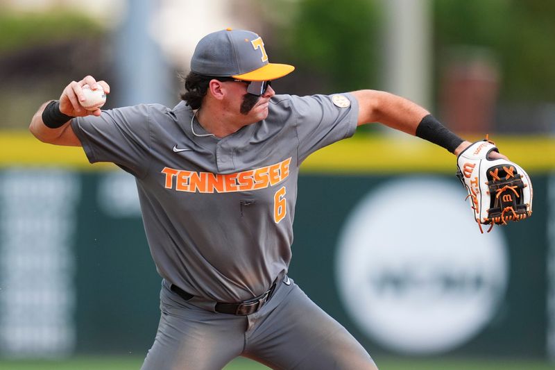 Tennessee's Gavin Kilen (6) throws to first during game one of the NCAA baseball tournament Fayetteville Super Regional between Tennessee and Arkansas held at Baum-Walker Stadium on Saturday, June 7, 2025.
