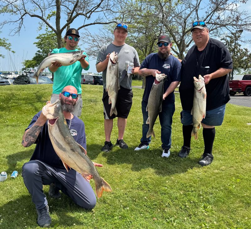 Manitowoc Salmon Derby Super Tournament was held July 5, 2025. This photo shows the first-place team, Shur-Katch, captained by Paul Monk, with five fish and a weight of 83.53 pounds.