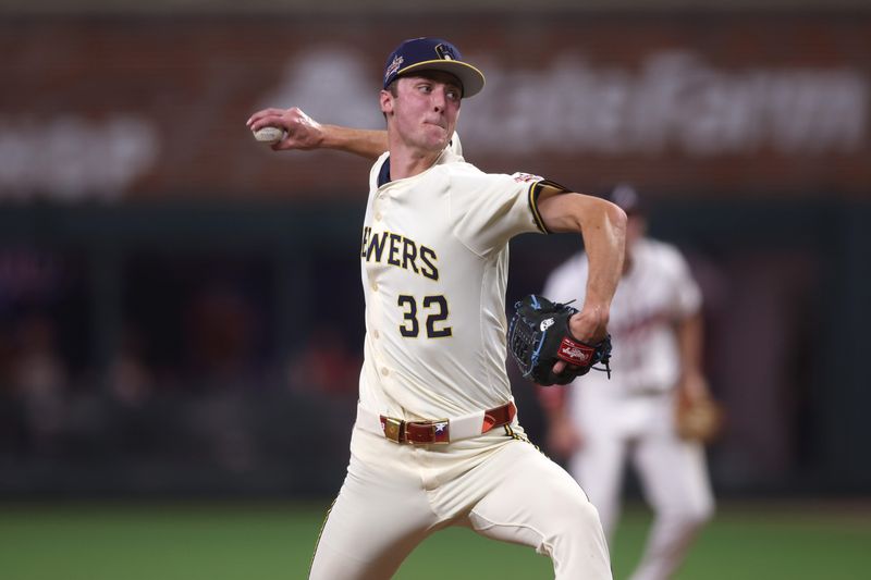 Jacob Misiorowski (32) of the Milwaukee Brewers pitches in the eighth inning during the 2025 MLB All Star Game at Truist Park.