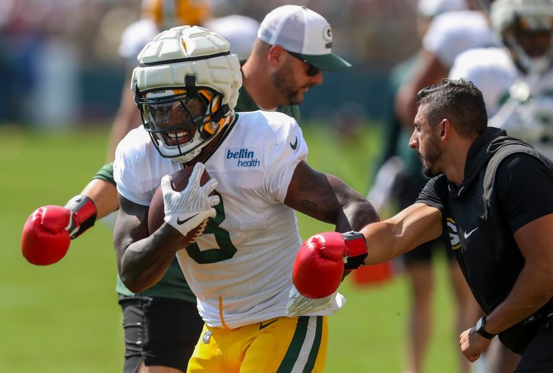 Green Bay Packers running back Josh Jacobs (8) runs through a drill during practice on Wednesday, August 14, 2024, at Ray Nitschke Field in Ashwaubenon, Wis. 
Tork Mason/USA TODAY NETWORK-Wisconsin