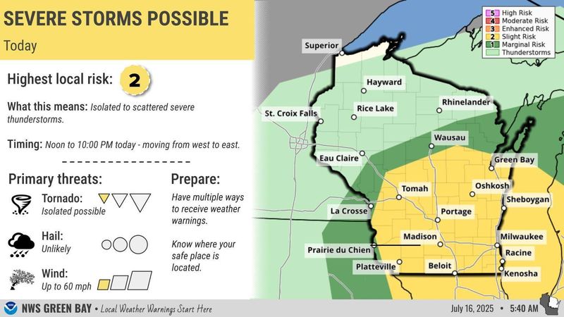 A complex of rain and thunderstorms will move across central Wisconsin the afternoon of July 16, 2025. Within this, some strong to severe storms are possible, along with heavy rainfall and localized flooding.