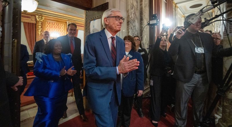Gov. Tony Evers arrives at the Assembly chambers to deliver his State of the State address on January 22, 2025, at the state capitol in Madison, Wisconsin. Evers focused on measures his administration and state lawmakers have taken to lower taxes and the blunt the effects of inflation. He also plans to announce a $300 million proposal to address mental health in children.