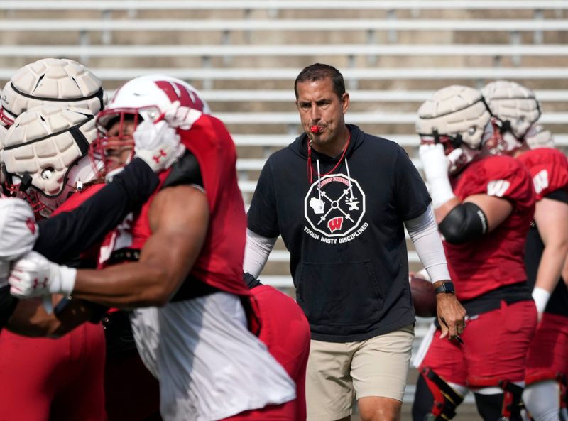 Wisconsin Badgers head coach Luke Fickell watches a drill during fall training camp at Camp Randall Stadium in Madison on Thursday, Aug. 10, 2023. - Mike De Sisti / The Milwaukee Journal Sentinel