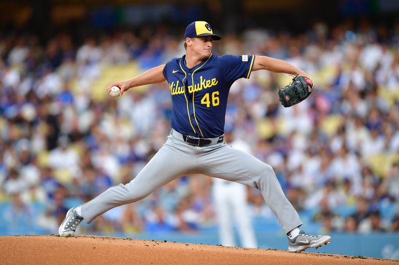 Jul 18, 2025; Los Angeles, California, USA; Milwaukee Brewers pitcher Quinn Priester (46) pitches against the Los Angeles Dodgers in the first inning at Dodger Stadium. Mandatory Credit: Gary A. Vasquez-Imagn Images