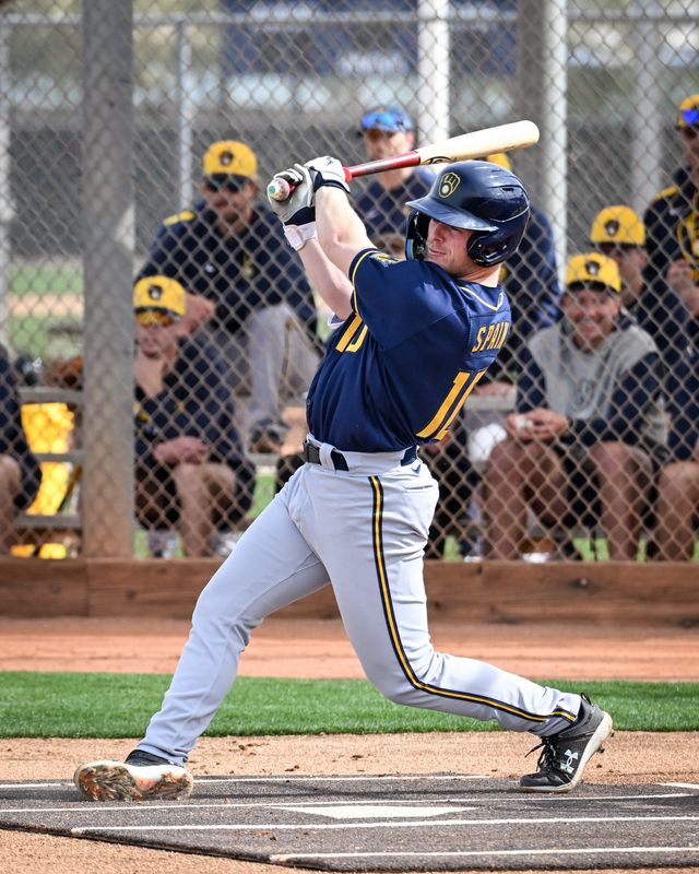 Milwaukee Brewers outfield prospect Garrett Spain takes batting practice during spring training workouts Feb. 17, 2025, at American Family Fields of Phoenix in Phoenix, Arizona.