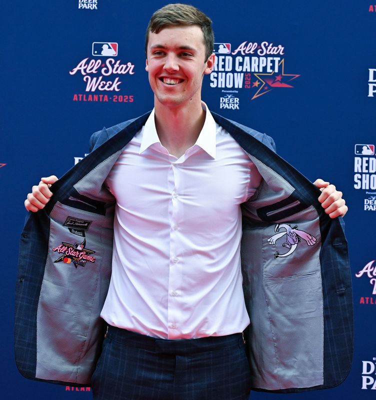 Jacob Misiorowski of the Milwaukee Brewers sports a Pokemon jacket as he attends the 2025 MLB All-Star game red carpet.