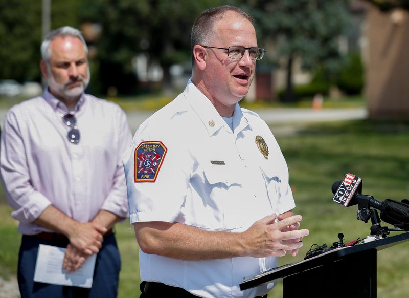 Green Bay Fire Department Chief Matthew Knott speaks during a news conference July 22, at the former site of Badger Sheet Metal Works, 420 S Broadway, in Green Bay. Knott announced Feb. 6 he is resigning as chief.