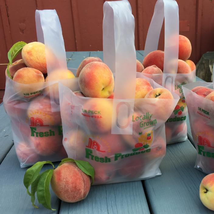Guests are welcome to fill 1/4-peck bags at Apple Holler during pick-your-own peach season. Each bag holds about five pounds of peaches.