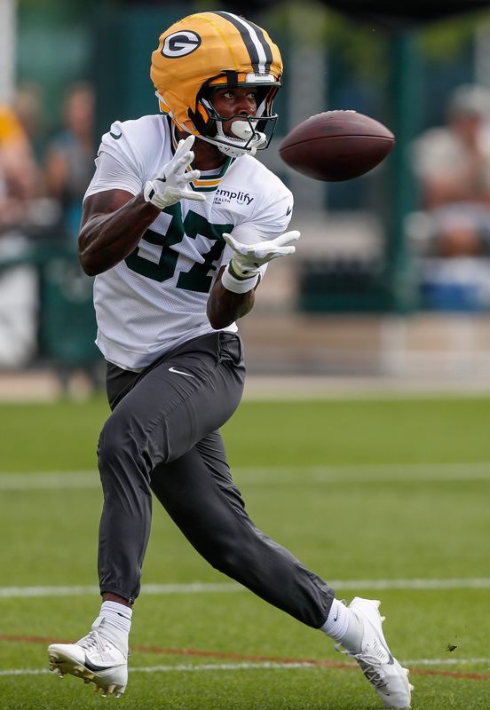 Green Bay Packers wide receiver Romeo Doubs (87) catches a pass during the first day of training camp on Wednesday, July 23, 2025, at Ray Nitschke Field in Ashwaubenon, Wis. 
Tork Mason/USA TODAY NETWORK-Wisconsin