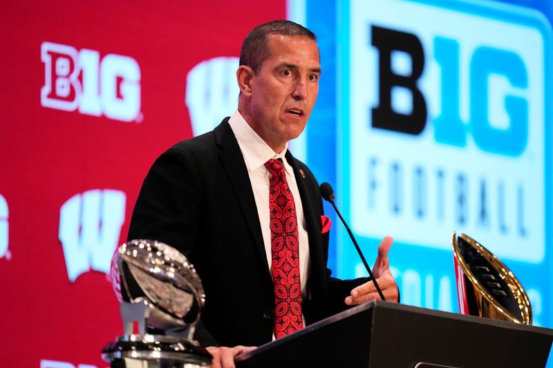 Jul 23, 2025; Las Vegas, NV, USA; Wisconsin head coach Luke Fickell speaks to the media during the Big Ten NCAA college football media days at Mandalay Bay Resort. Mandatory Credit: Lucas Peltier-Imagn Images