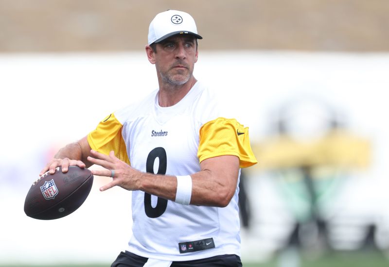 Jul 24, 2025; Latrobe, PA, USA; Pittsburgh Steelers quarterback Aaron Rodgers (8) participates in drills during training camp at Saint Vincent College. Mandatory Credit: Charles LeClaire-Imagn Images