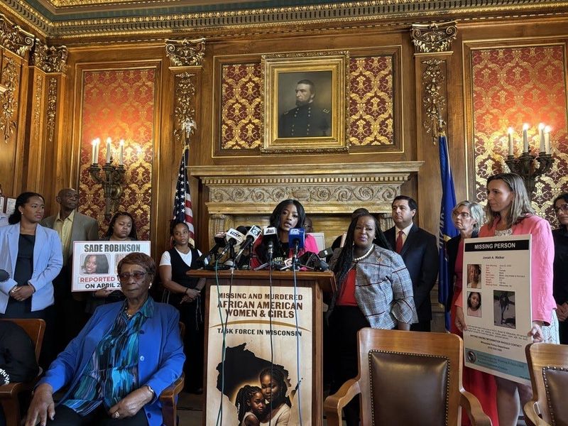 Sheena Scarborough, the mother of Sade Robinson, speaks in support of the Missing Murdered African American Women & Girls legislation on July 25, 2025.