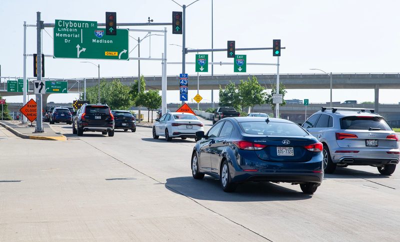 Traffic going through the off and on ramps located in the intersection of East Clybourn Street and North Lincoln Memorial Drive, since the opening in 2016, cars have been stumped with the layout causing last minute merging and abrupt breaking in Milwaukee on July 22, 2025.
