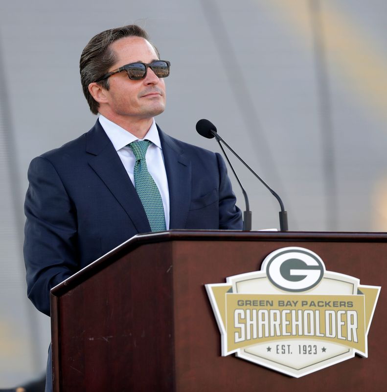 Green Bay Packers president and CEO Ed Policy speaks during the annual shareholders meeting on July 25, 2025, at Lambeau Field in Green Bay, Wis.