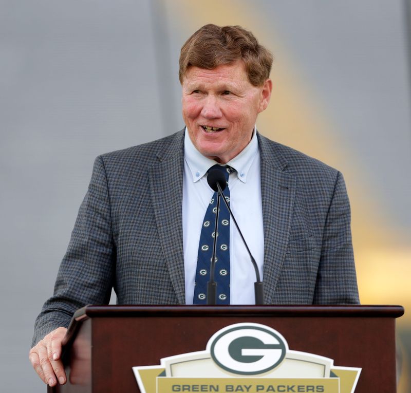 Former Green Bay Packers president and CEO Mark Murphy speaks during the Green Bay Packers' annual shareholders meeting on July 25, 2025, at Lambeau Field in Green Bay.