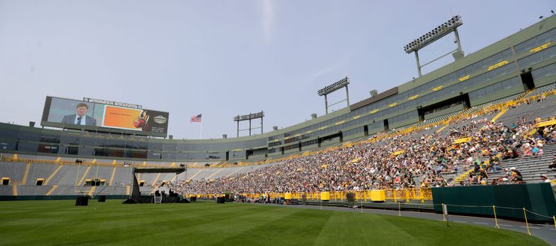 Thousands of people attend the Green Bay Packers annual shareholders meeting on July 25, 2025, at Lambeau Field in Green Bay, Wis.