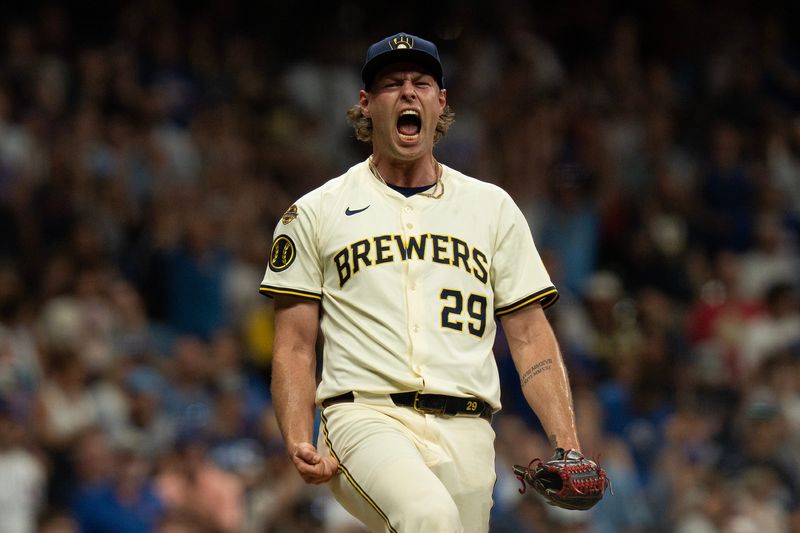 Trevor Megill (29) celebrates his final strikeout of the game at American Family Field in Milwaukee on the evening of July 28, 2025. The Brewers defeated the Cubs 8-4.