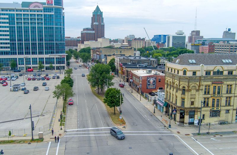 Water Street looking south between East Knapp at East Juneau Avenue to East State Street in Milwaukee on July 29, 2025.