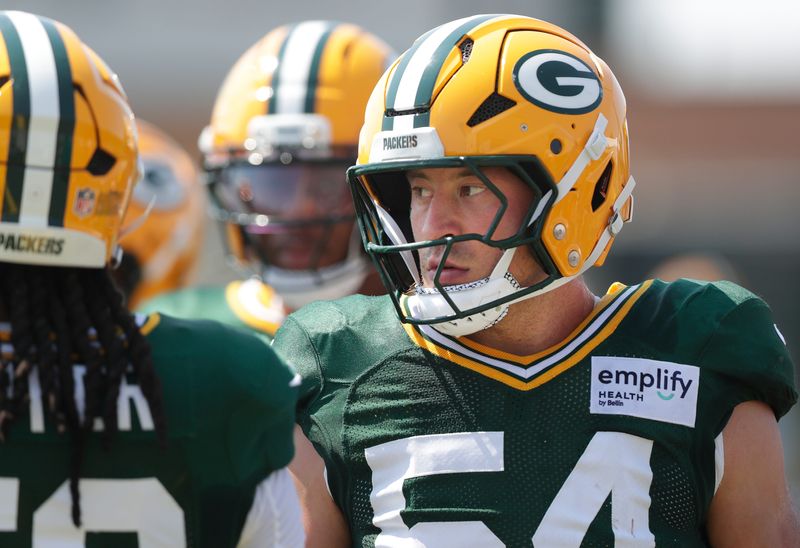 Green Bay Packers linebacker Kristian Welch (54) participates in drills during the sixth day of training camp on July 29, 2025, at Ray Nitschke Field in Ashwaubenon, Wis.