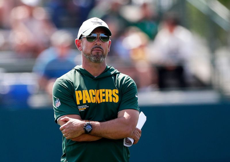 Green Bay Packers Head Coach Matt LaFleur watches practice during the sixth day of training camp on July 29, 2025, at Ray Nitschke Field in Ashwaubenon, Wis.