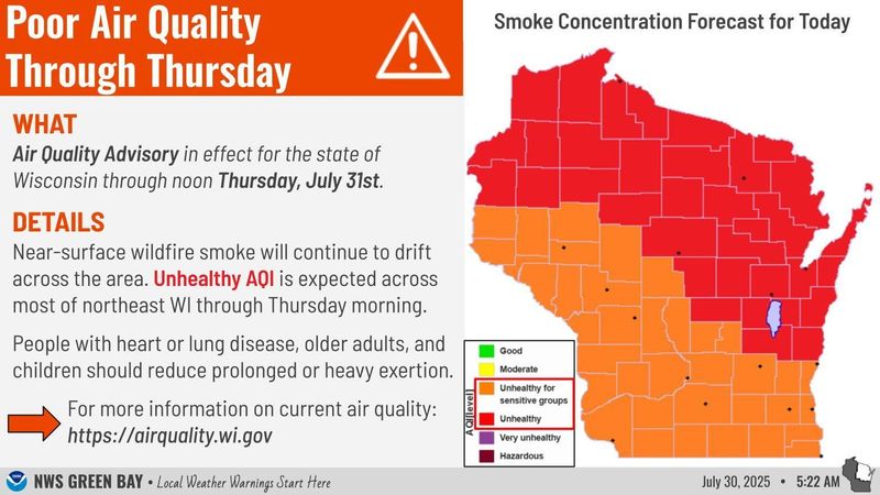 Poor air quality advisory issued through July 31 throughout Wisconsin.