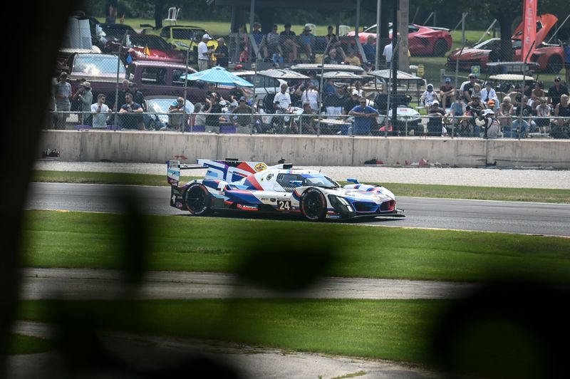 The GTP Team RLL BMW M Hybrid of Philipp Eng and Dries Vanthoor navigates Turn 3 in the 2025 IMSA Motul SportsCar Grand Prix at Road America.