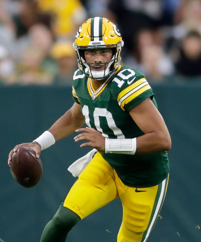 Green Bay Packers quarterback Jordan Love (10) against the New York Jets during their football game on Saturday, August 9, 2025, at Lambeau Field in Green Bay, Wis.