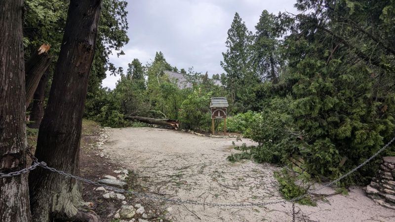 A storm caused damage at the Cana Island Lighthouse on Aug. 9, 2025. The storm knocked down about 30% of the island's trees, according to Cana Island.