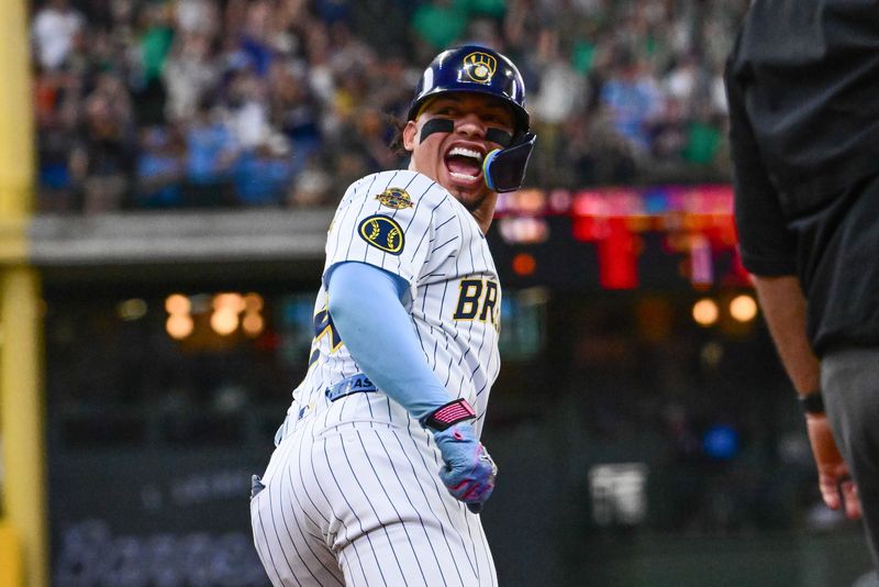 Milwaukee Brewers designated hitter William Contreras (24) reacts after hitting a 2-run home run in the fifth inning against the New York Mets at American Family Field on August 10, 2025, in Milwaukee.