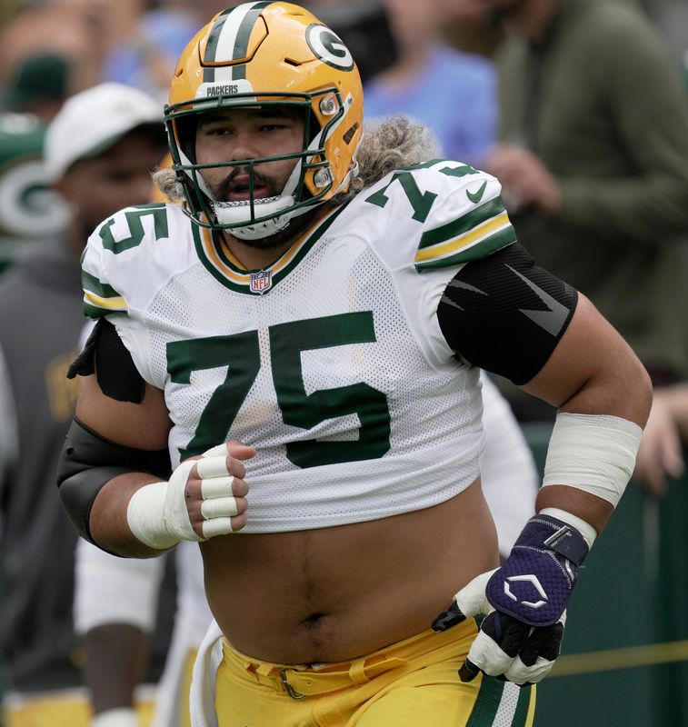 Green Bay Packers guard Sean Rhyan (75) is shown before their preseason game against there Seattle Seahawks Saturday, August 23, 2025 at Lambeau Field in Green Bay, Wisconsin.