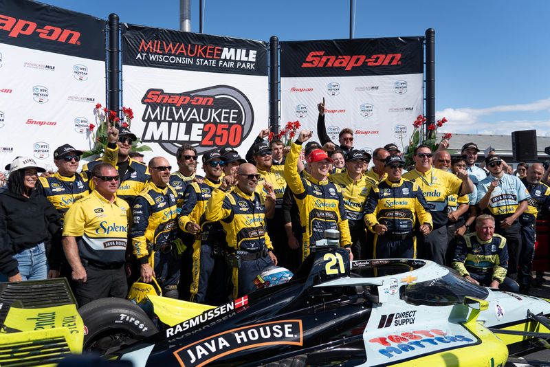Christian Rasmussen and his Ed Carpenter Racing crew celebrate their victory in the Snap-on Milwaukee Mile 250 on Aug. 24 at the Milwaukee Mile.