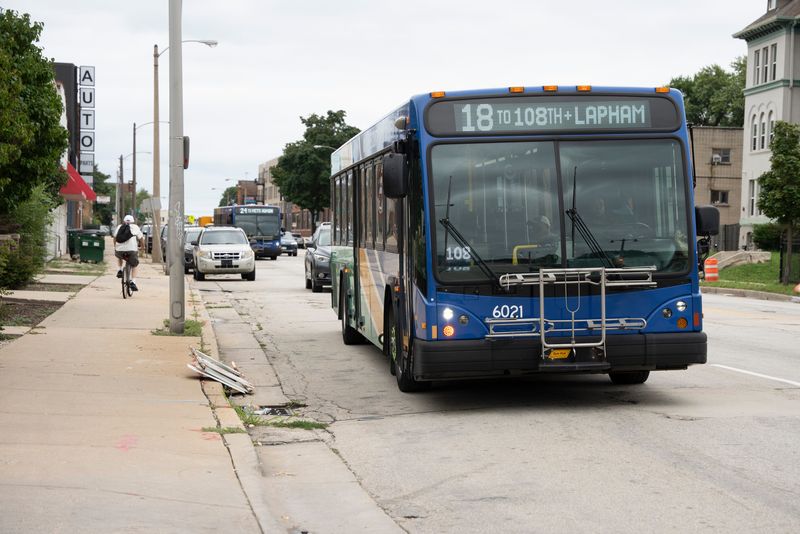 The 18 Milwaukee County Transit System bus pulls into a stop on National Avenue in Milwaukee on Aug. 19, 2025. On July 28, a rider punched 17-year-old Alex Escobedo in the face while they both rode the 18 bus.