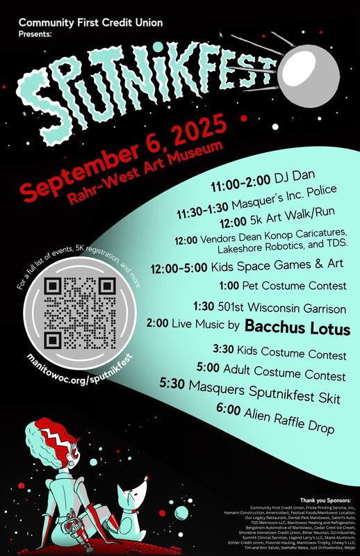 A poster advertising Sputnikfest 2025. The event will take place Sept. 6, noon-6 p.m. at the Rahr-West Art Museum.