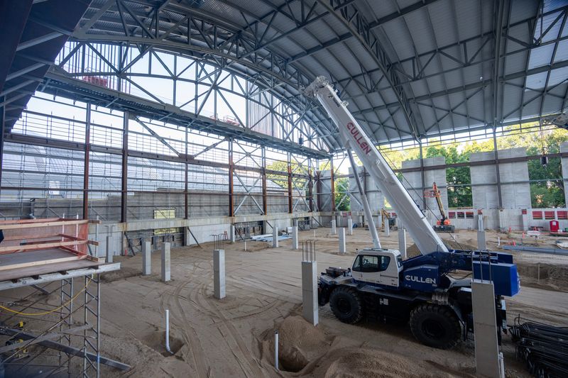 Construction equipment is idle during a program recognizing donors for the Kellner Center Athletic Center Thursday, August 28, 2025 at UW-Madison in Madison, Wisconsin. The estimated cost of the project is $285 million. Ted and Mary Kellner are major donors.