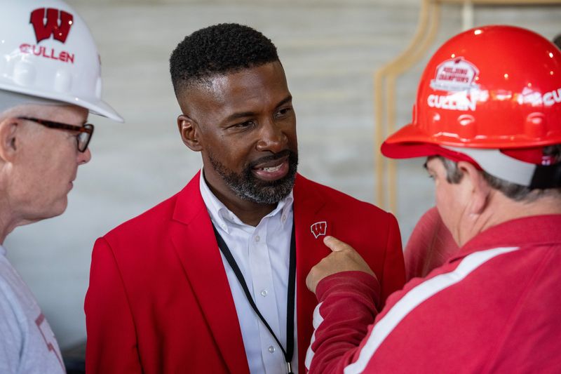 Marcus Sedberry, deputy athletic director/chief operating officer for Wisconsin Athletics, is shown during the program recognizing donors for the Kellner Center Athletic Center at UW-Madison in Madison, Wisconsin. The estimated cost of the project is $285 million. Ted and Mary Kellner are major donors.