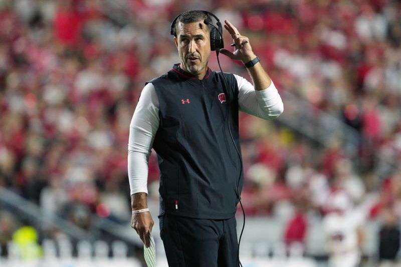 Aug 28, 2025; Madison, Wisconsin, USA; Wisconsin Badgers head coach Luke Fickell looks on during the second quarter against the Miami (OH) RedHawks at Camp Randall Stadium. Mandatory Credit: Jeff Hanisch-Imagn Images