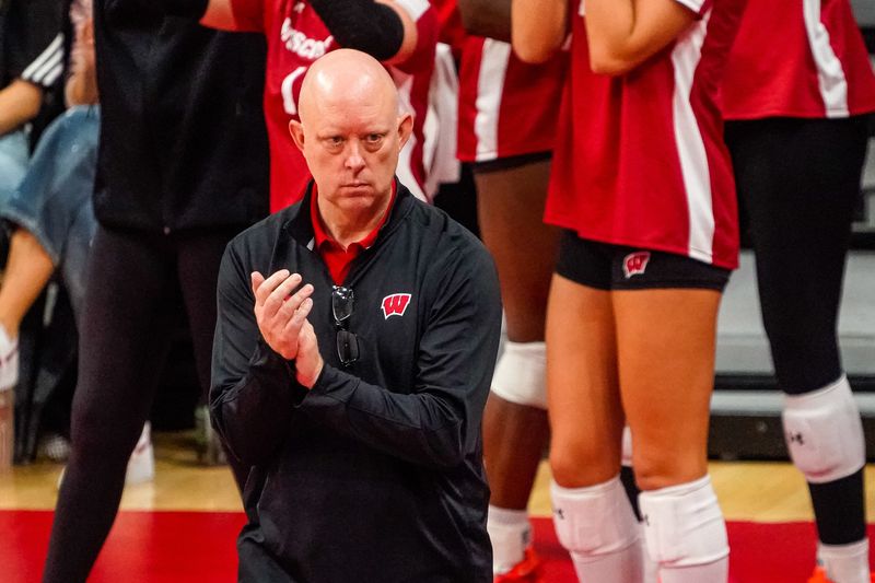 Oct 21, 2023; Lincoln, NE, USA; Wisconsin Badgers head coach Kelly Sheffield during the second set against the Nebraska Cornhuskers. Mandatory Credit: Dylan Widger-USA TODAY Sports