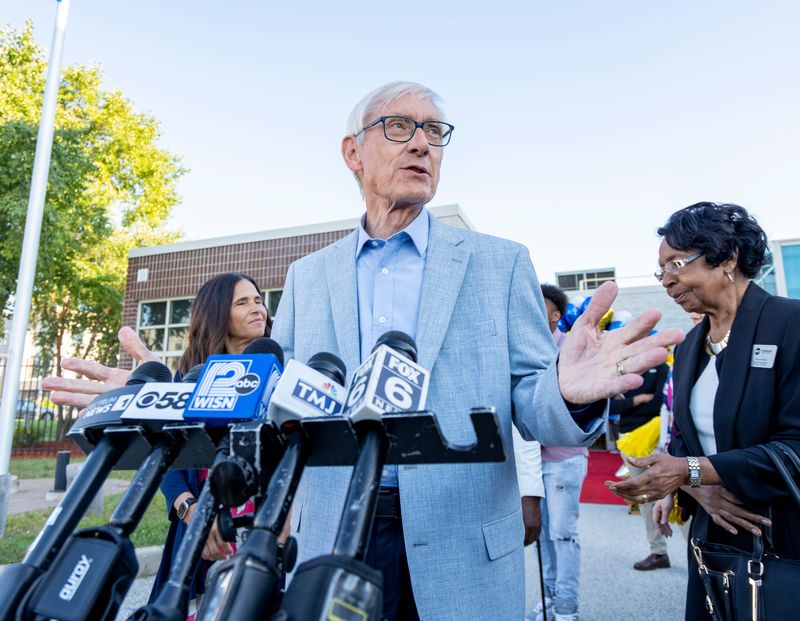 Wisconsin Governor Tony Evers speaks at a press conference during the first day of school at Browning Elementary School on Tuesday September 2 in Milwaukee, Wisconsin.