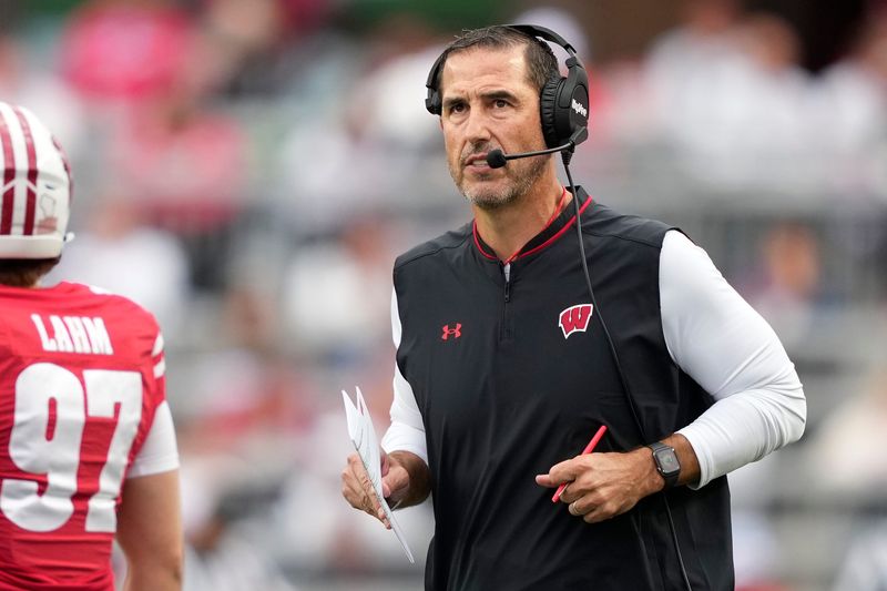 Sep 6, 2025; Madison, Wisconsin, USA; Wisconsin Badgers head coach Luke Fickell looks on during the second half against the Middle Tennessee Blue Raiders at Camp Randall Stadium. Mandatory Credit: Kayla Wolf-Imagn Images