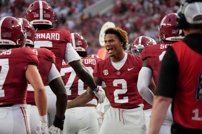 Sep 6, 2025; Tuscaloosa, Alabama, USA; Alabama wide receiver Ryan Williams (2), who is out with an injury, congratulates teammates after a touchdown against UL Monroe at Saban Field at Bryant-Denny Stadium. Mandatory Credit: Gary Cosby Jr.-Imagn Images